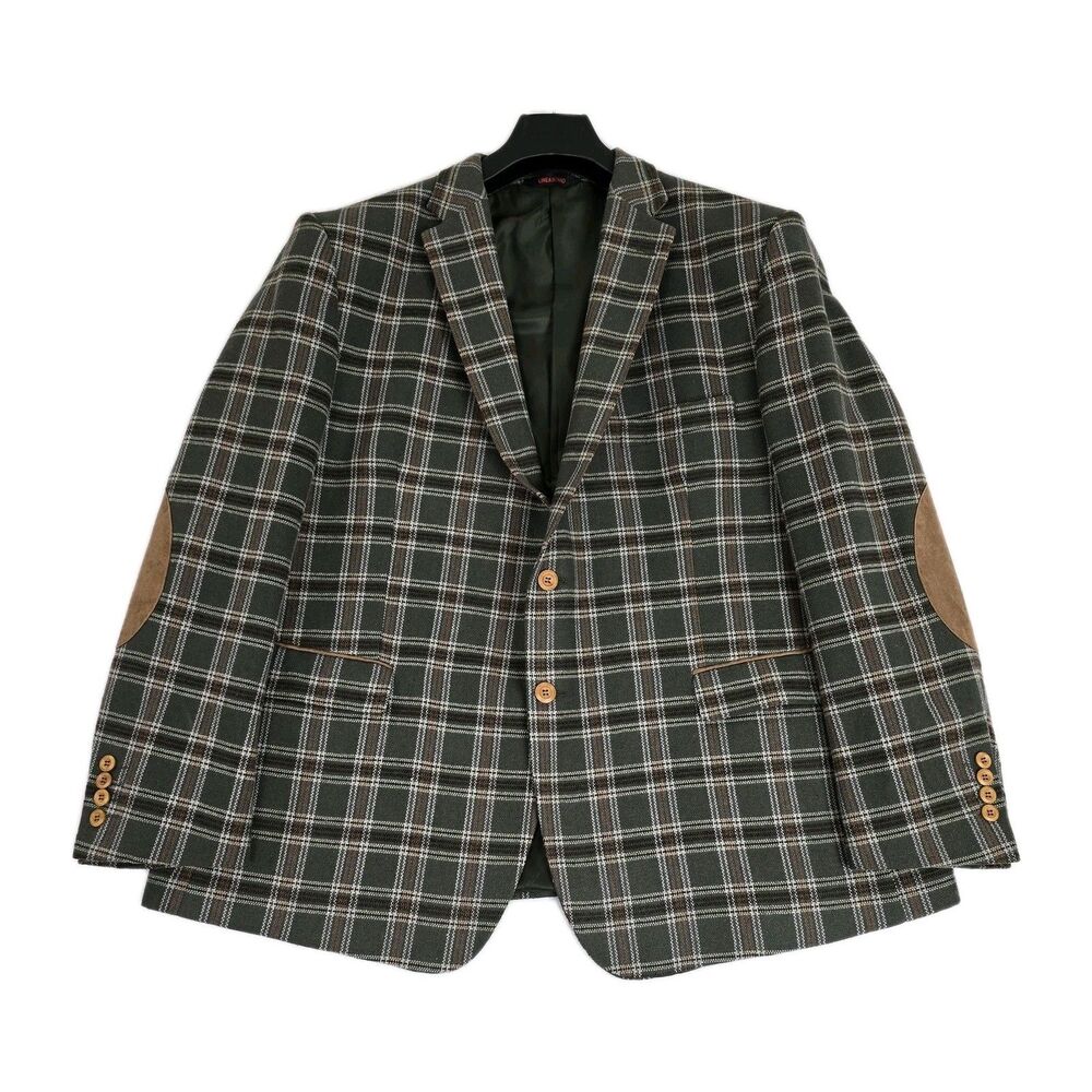 Linea Uomo Blazer Sport Coat Mens 52R Green Plaid Tweed Elbow Patch Jacket